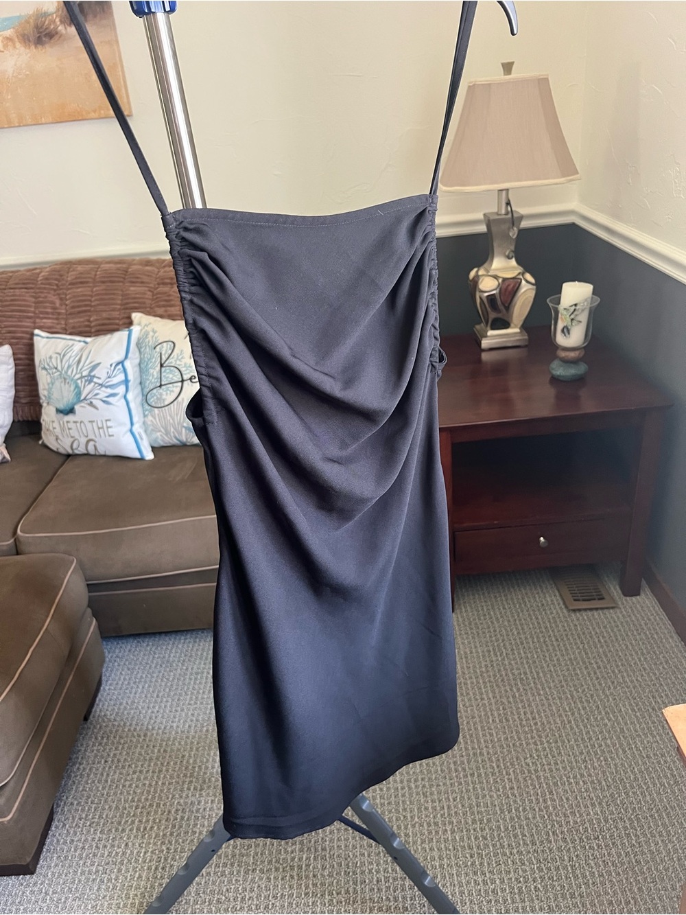 Vamp Official Black Satin Cowl Neck Ruched Slip Dress Midi Size M # 261